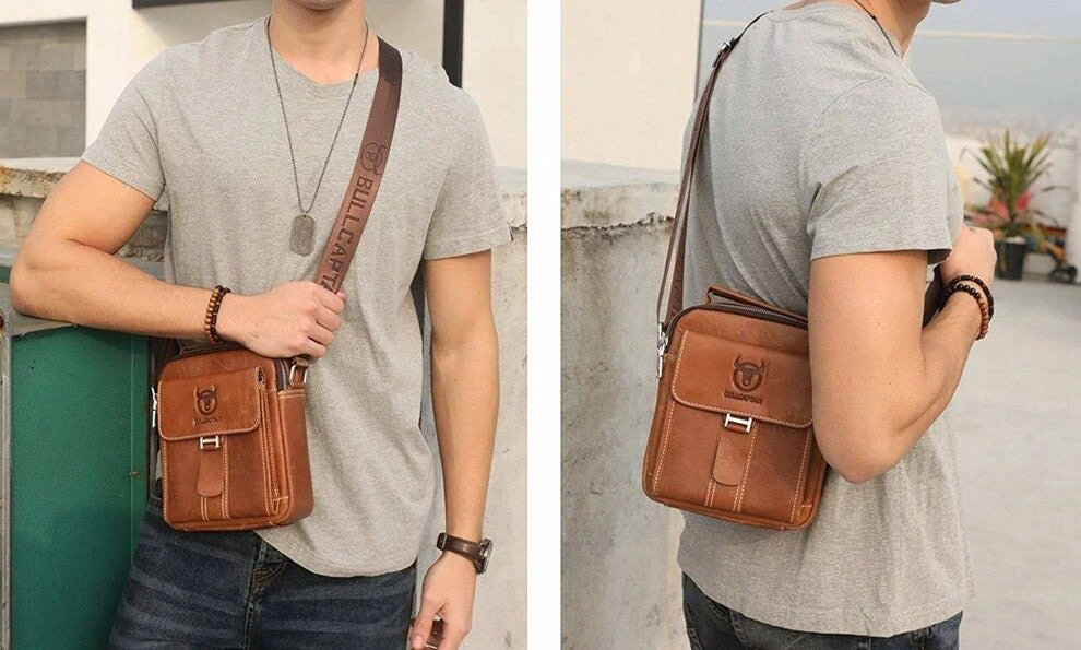 (image for) BULLCAPTAIN Genuine Leather Men's Messenger Bag Casual Crossbody Handbag Gift for Man Business Shoulder Bag